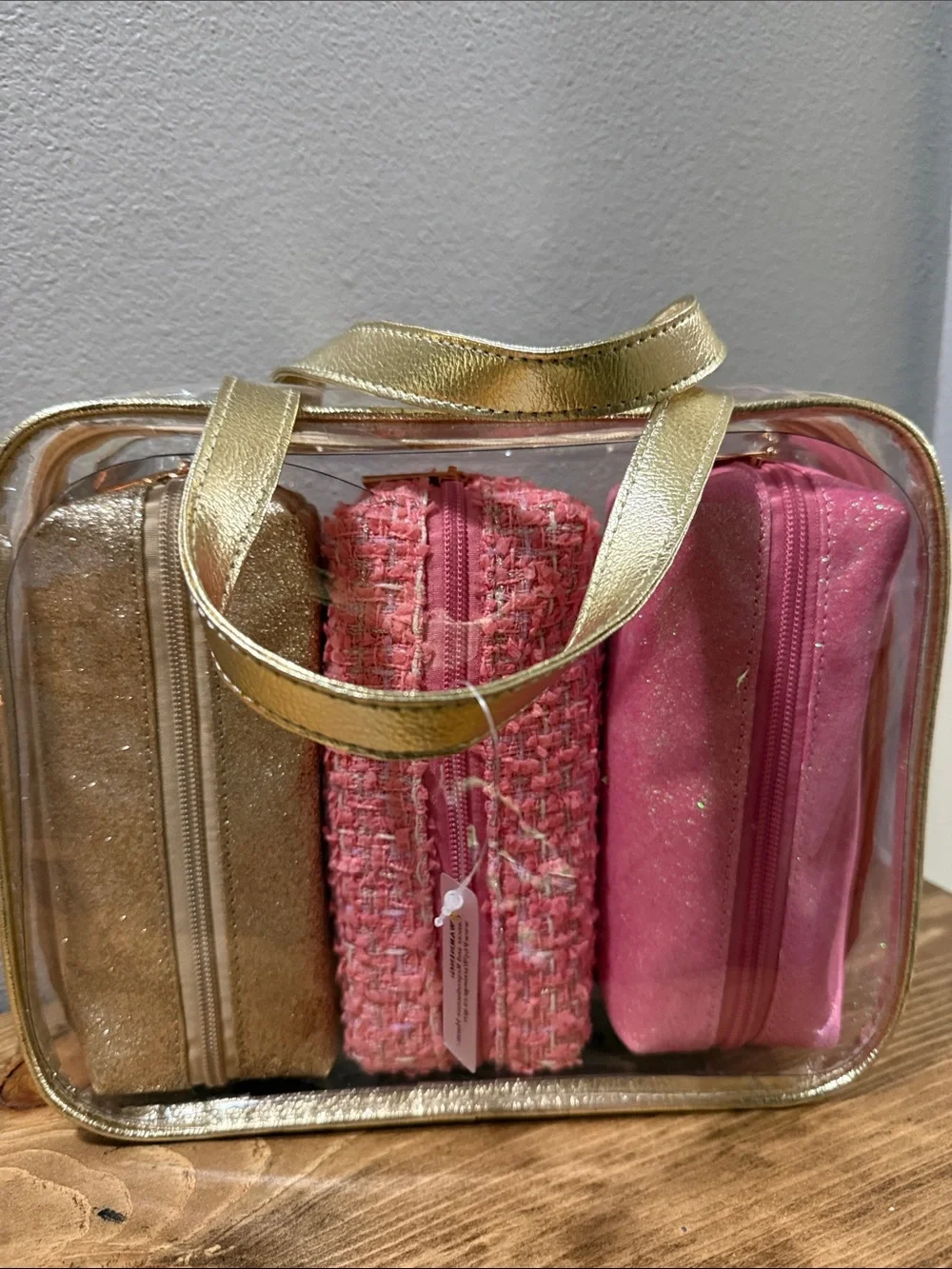 Clear Cosmetic Tote with Gold Trim and Pink & Gold Pouches